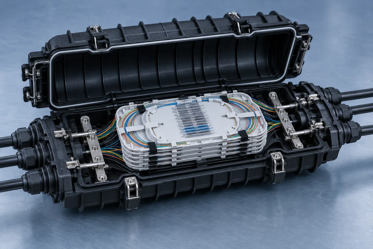 Open outdoor fiber optic splice closure